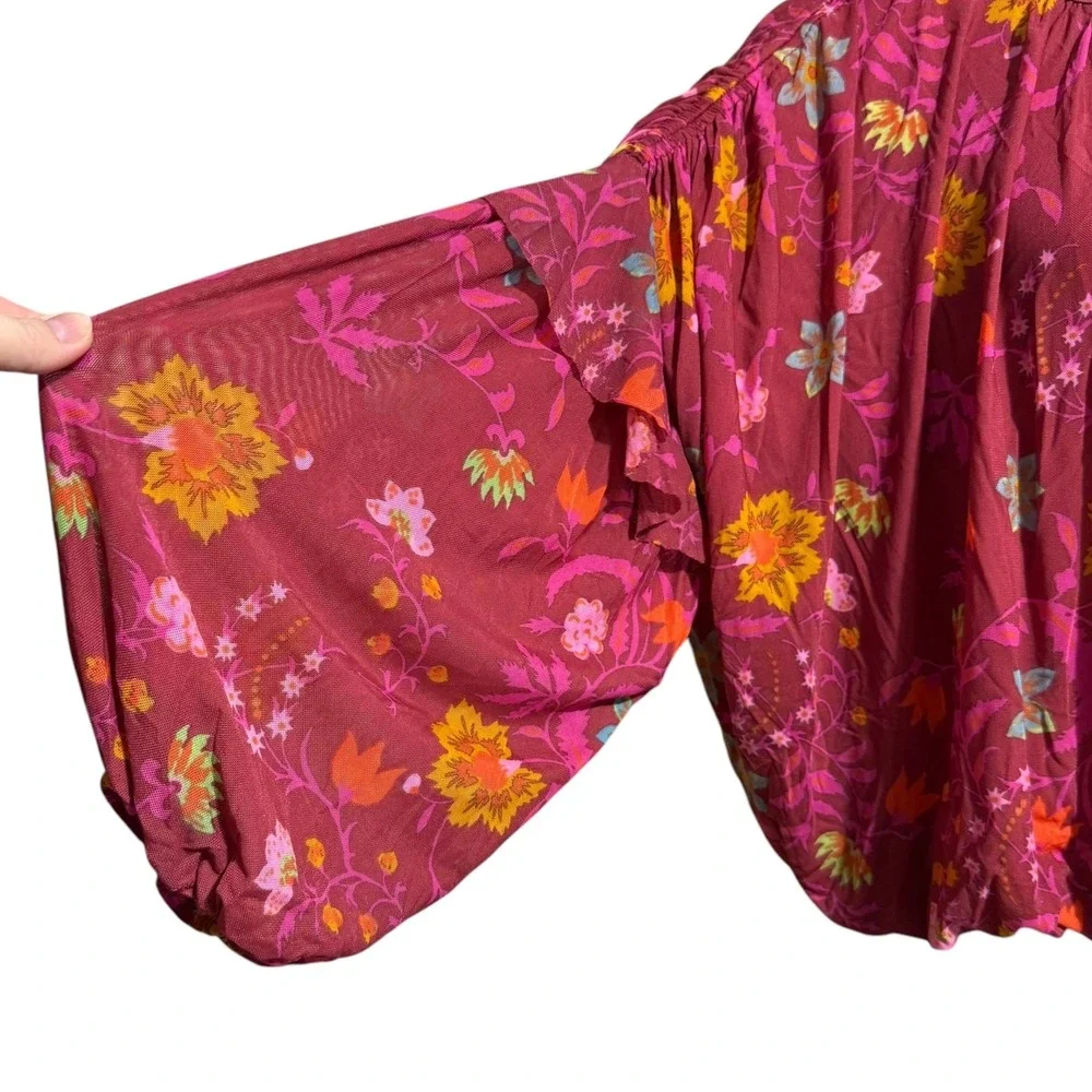 Free People Wild Honey Red Berry balloon sleeve flowy floral drop shoulder small